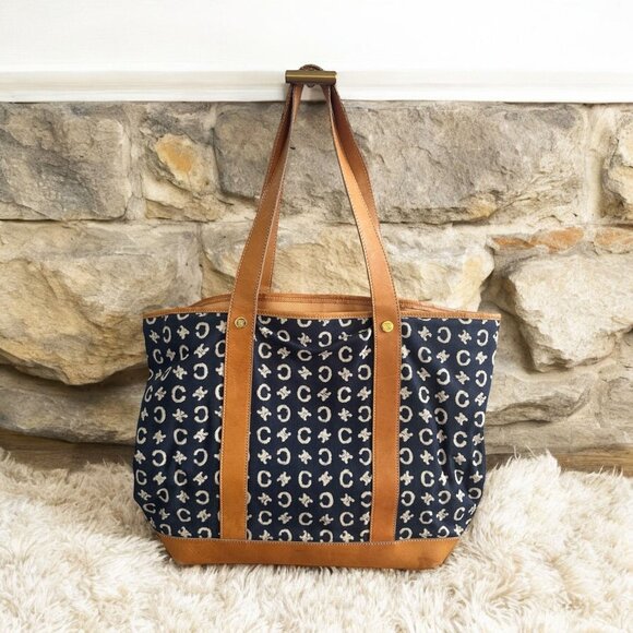 Celine Handbags - CELINE Vintage Tan Blue Macadam Tote Shoulder Bag